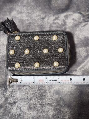 Pearl-Accent Black Women's Zip Wallet